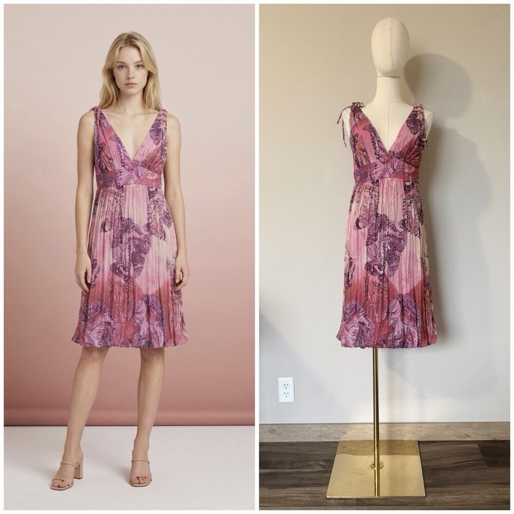 VTG 90s Y2K ABS Allen Schwartz Sz 6 Silk Butterfly Bubble Dress Romantic Fairy